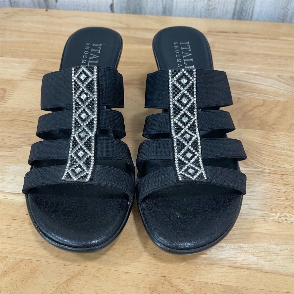 Italian Shoemakers Womens Slide Wedge Sandals Black Rhinestone US 8.5